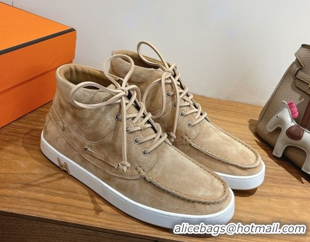 Popular Style Hermes Suede High top Sneakers Beige1 2026 HS030401