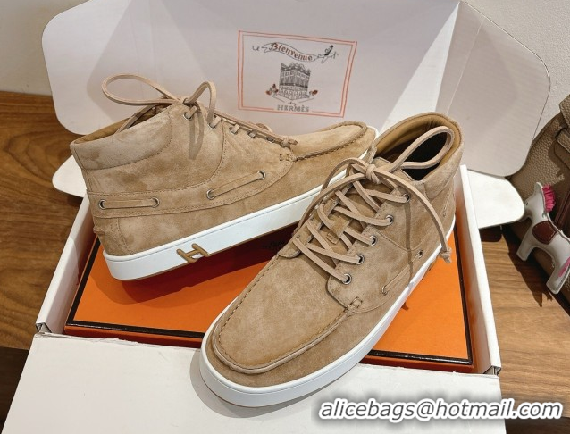 Popular Style Hermes Suede High top Sneakers Beige1 2026 HS030401
