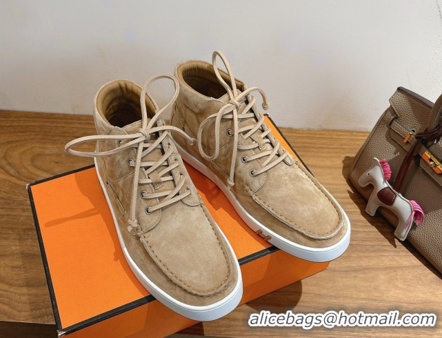 Popular Style Hermes Suede High top Sneakers Beige1 2026 HS030401