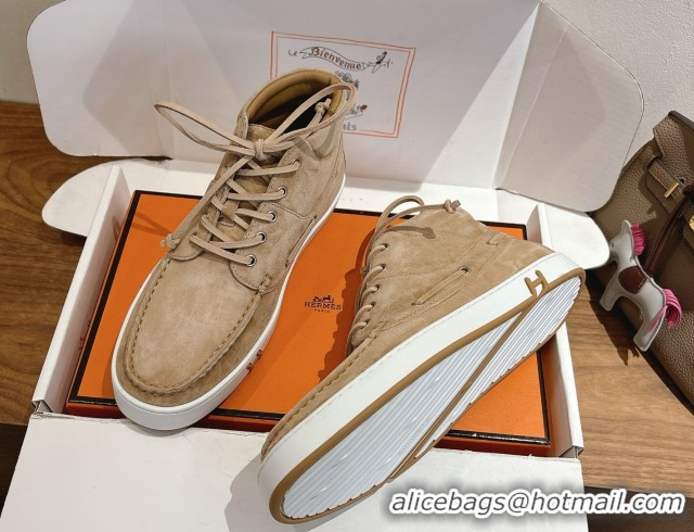 Popular Style Hermes Suede High top Sneakers Beige1 2026 HS030401