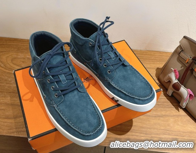 Best Quality Hermes Suede High top Sneakers Turq Blue 2026 HS030401