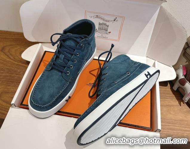 Best Quality Hermes Suede High top Sneakers Turq Blue 2026 HS030401