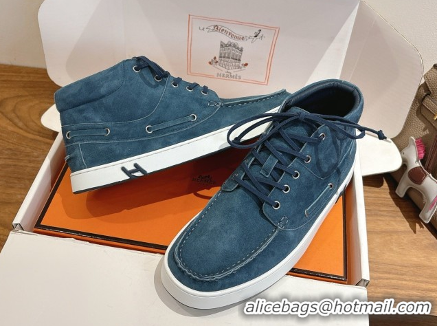 Best Quality Hermes Suede High top Sneakers Turq Blue 2026 HS030401