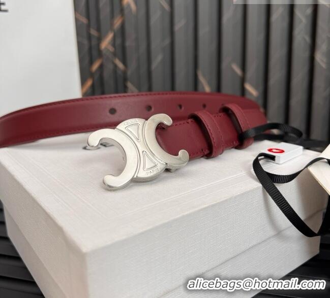 Top Quality Celine Medium TRIOMPHE Belt in Taurillon Leather 2.5cm CE0214 Burgundy/Silver 2025