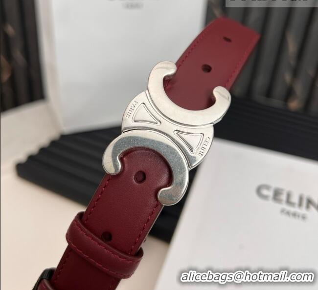 Top Quality Celine Medium TRIOMPHE Belt in Taurillon Leather 2.5cm CE0214 Burgundy/Silver 2025