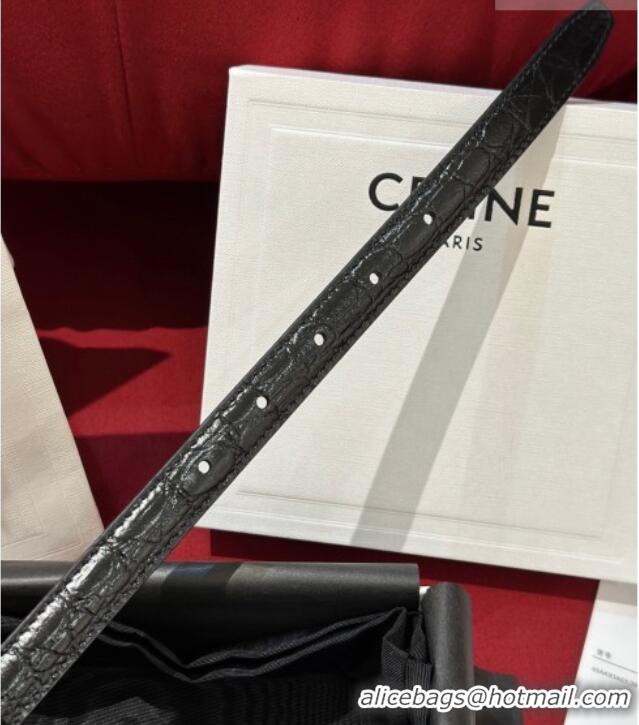 Discount Celine Crocodile Embossed Leather Belt 1.8cm with Triomphe Logo Buckle CE011001 Black 2025