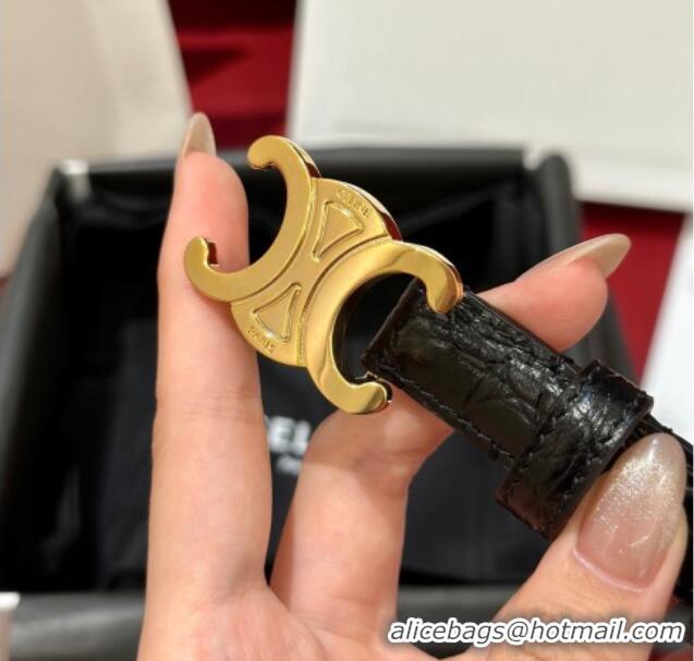 Discount Celine Crocodile Embossed Leather Belt 1.8cm with Triomphe Logo Buckle CE011001 Black 2025