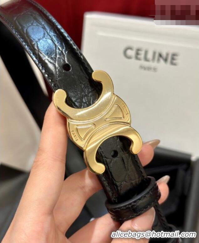 Good Quality Celine Crocodile Embossed Leather Belt 2.5cm with Triomphe Logo Buckle CE011001 Black 2025