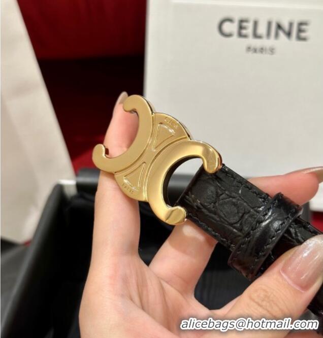 Good Quality Celine Crocodile Embossed Leather Belt 2.5cm with Triomphe Logo Buckle CE011001 Black 2025