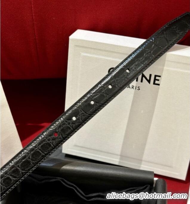Good Quality Celine Crocodile Embossed Leather Belt 2.5cm with Triomphe Logo Buckle CE011001 Black 2025