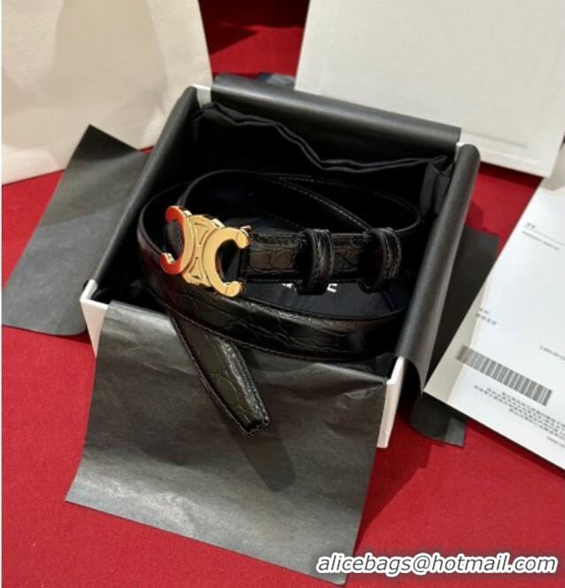 Good Quality Celine Crocodile Embossed Leather Belt 2.5cm with Triomphe Logo Buckle CE011001 Black 2025