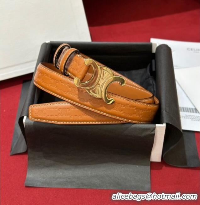 Top Quality Celine Embossed Leather Belt 2.5cm with Gold Triomphe Logo Buckle CE011002 Brown 2025