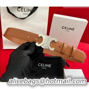 Good Taste Celine Calfskin Leather Belt 3cm with Triomphe Logo Buckle CE011003 Brown/Silver 2025