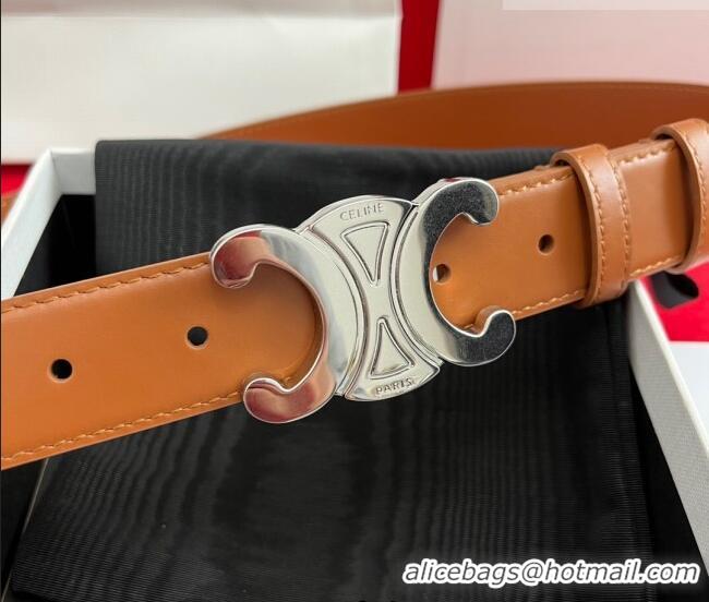 Good Taste Celine Calfskin Leather Belt 3cm with Triomphe Logo Buckle CE011003 Brown/Silver 2025