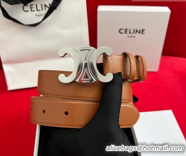 Good Taste Celine Calfskin Leather Belt 3cm with Triomphe Logo Buckle CE011003 Brown/Silver 2025