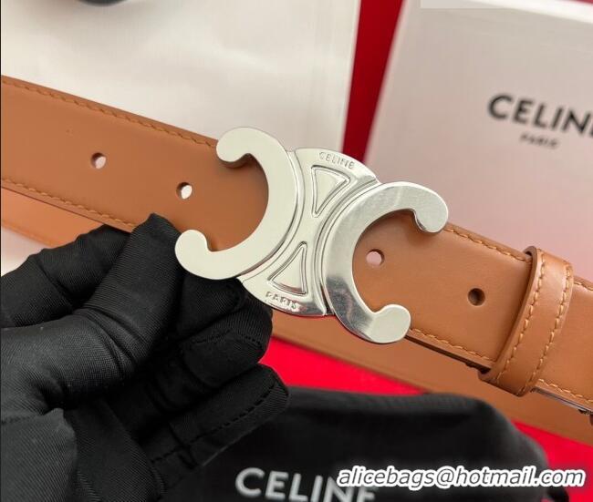 Good Taste Celine Calfskin Leather Belt 3cm with Triomphe Logo Buckle CE011003 Brown/Silver 2025