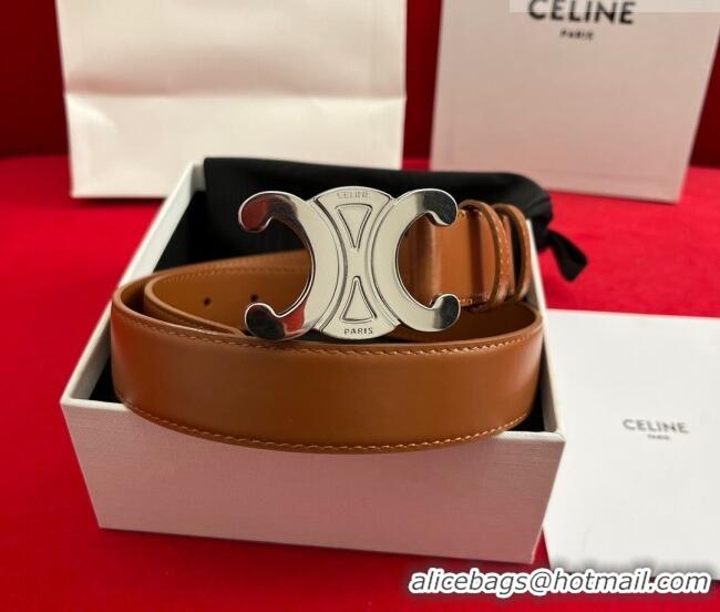 Good Taste Celine Calfskin Leather Belt 3cm with Triomphe Logo Buckle CE011003 Brown/Silver 2025