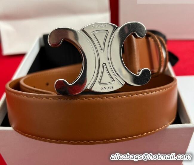 Good Taste Celine Calfskin Leather Belt 3cm with Triomphe Logo Buckle CE011003 Brown/Silver 2025