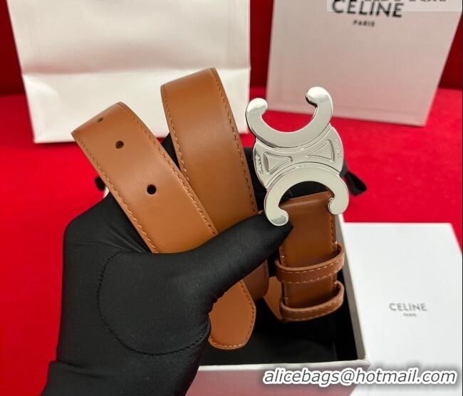 Good Taste Celine Calfskin Leather Belt 3cm with Triomphe Logo Buckle CE011003 Brown/Silver 2025