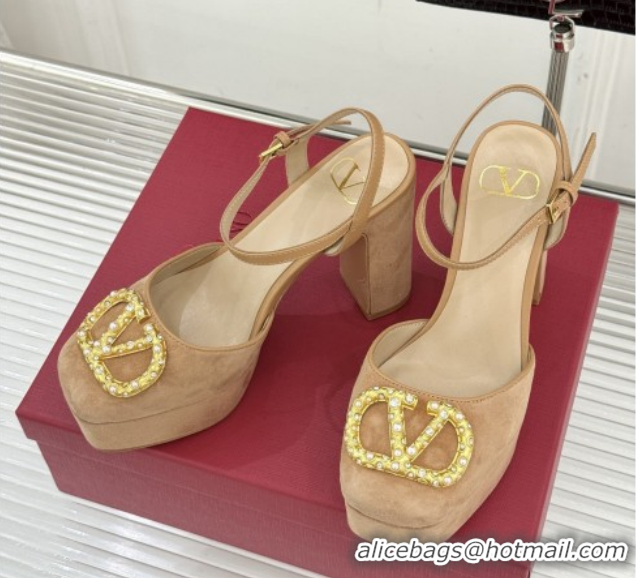 Good Product Valentino VLOGO Signature Platform Pumps 11cm in Suede and Leather Light Brown 0224022