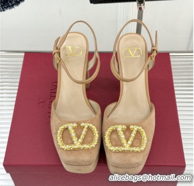 Good Product Valentino VLOGO Signature Platform Pumps 11cm in Suede and Leather Light Brown 0224022