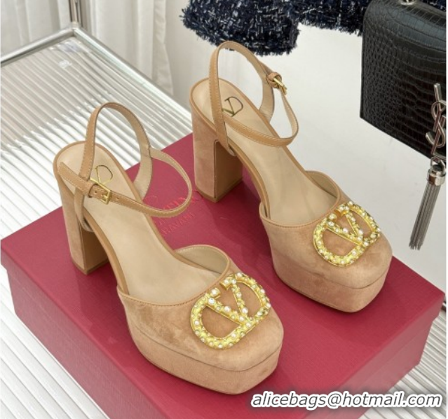 Good Product Valentino VLOGO Signature Platform Pumps 11cm in Suede and Leather Light Brown 0224022