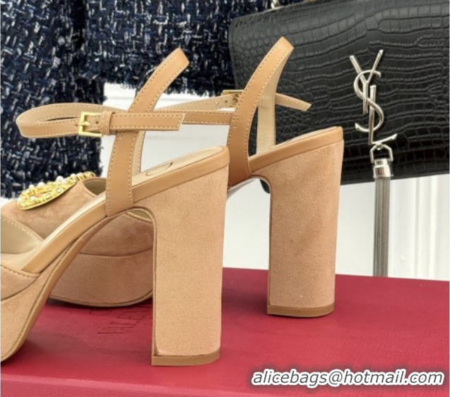 Good Product Valentino VLOGO Signature Platform Pumps 11cm in Suede and Leather Light Brown 0224022