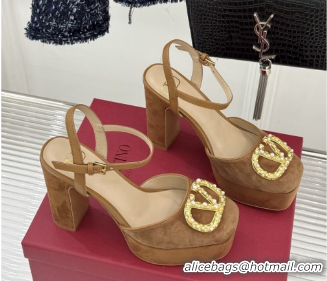Cheap Price Valentino VLOGO Signature Platform Pumps 11cm in Suede and Leather Brown 0224024