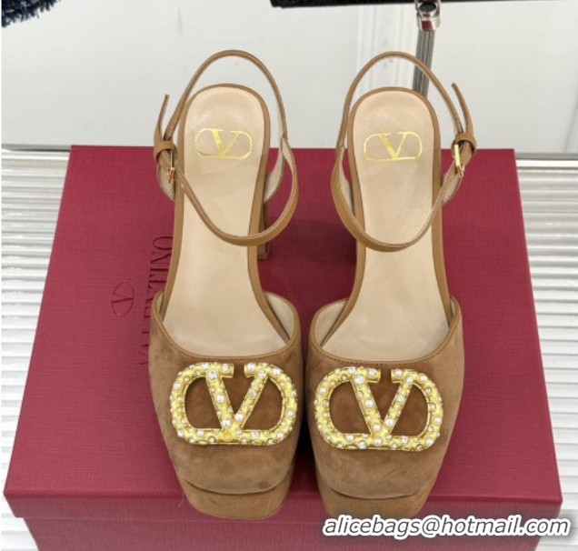 Cheap Price Valentino VLOGO Signature Platform Pumps 11cm in Suede and Leather Brown 0224024