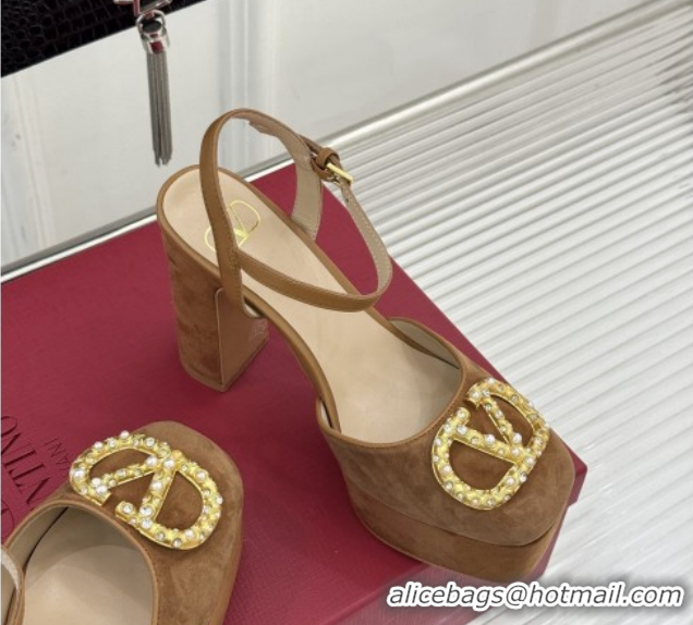 Cheap Price Valentino VLOGO Signature Platform Pumps 11cm in Suede and Leather Brown 0224024