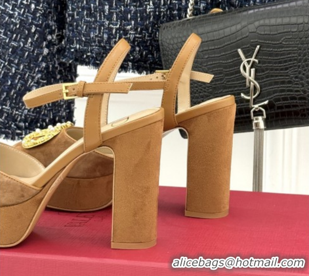 Cheap Price Valentino VLOGO Signature Platform Pumps 11cm in Suede and Leather Brown 0224024