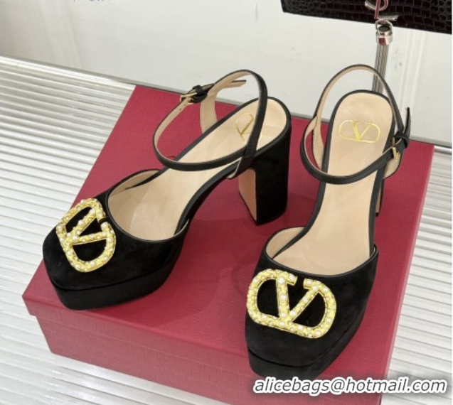Cheap Price Valentino VLOGO Signature Platform Pumps 11cm in Suede and Leather Black 0224025