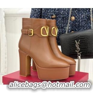 Good Quality Valentino VLOGO Signature Platform Ankle Boots 12.5cm in Calfskin Leather Brown 0224027