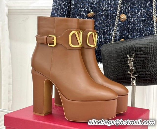 Good Quality Valentino VLOGO Signature Platform Ankle Boots 12.5cm in Calfskin Leather Brown 0224027