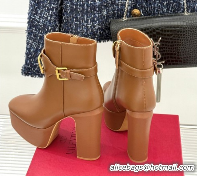 Good Quality Valentino VLOGO Signature Platform Ankle Boots 12.5cm in Calfskin Leather Brown 0224027