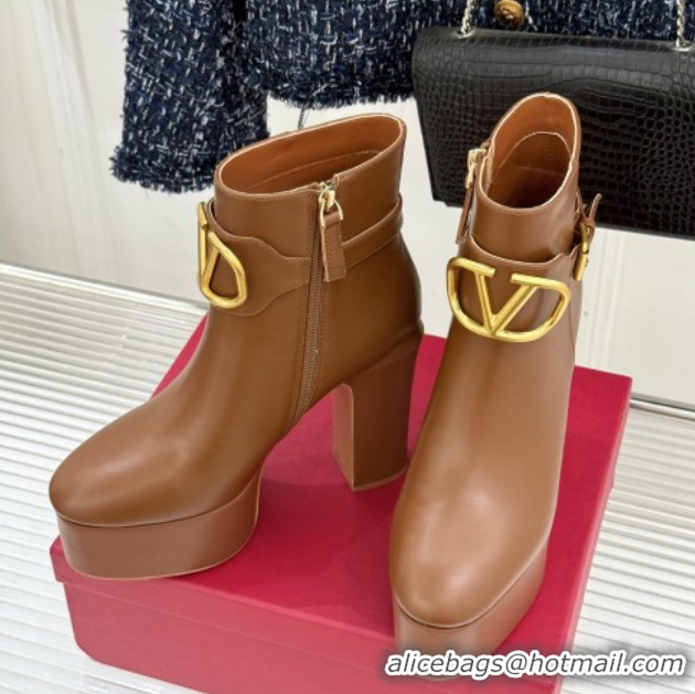 Good Quality Valentino VLOGO Signature Platform Ankle Boots 12.5cm in Calfskin Leather Brown 0224027