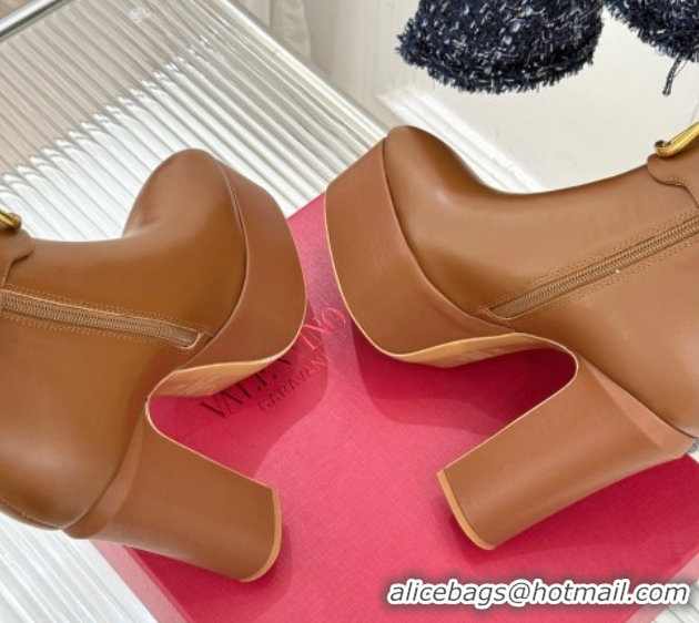 Good Quality Valentino VLOGO Signature Platform Ankle Boots 12.5cm in Calfskin Leather Brown 0224027
