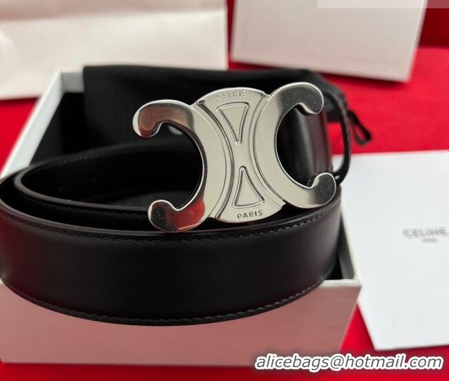 Promotional Celine Calfskin Leather Belt 3cm with Triomphe Logo Buckle CE011003 Black/Silver 2025
