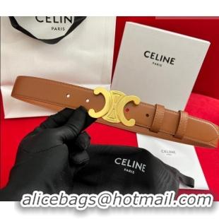 Good Taste Celine Calfskin Leather Belt 3cm with Triomphe Logo Buckle CE011003 Brown/Gold 2025