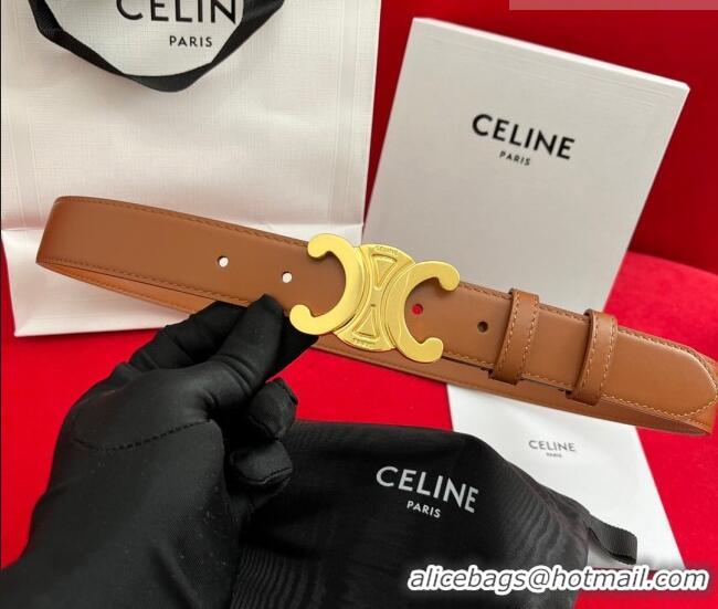 Good Taste Celine Calfskin Leather Belt 3cm with Triomphe Logo Buckle CE011003 Brown/Gold 2025