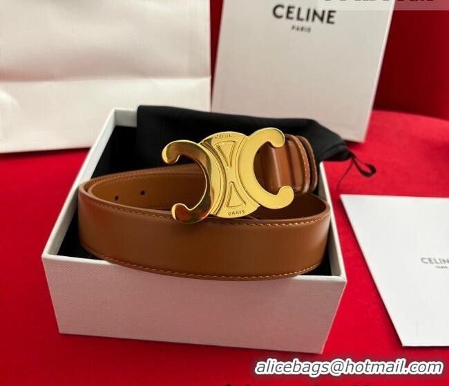 Good Taste Celine Calfskin Leather Belt 3cm with Triomphe Logo Buckle CE011003 Brown/Gold 2025