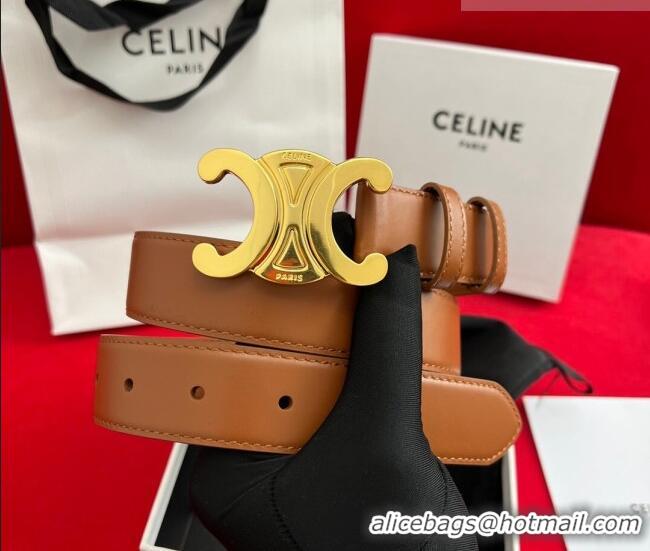 Good Taste Celine Calfskin Leather Belt 3cm with Triomphe Logo Buckle CE011003 Brown/Gold 2025