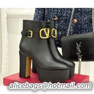 Best Product Valentino VLOGO Signature Platform Ankle Boots 12.5cm in Calfskin Leather Black 0224028