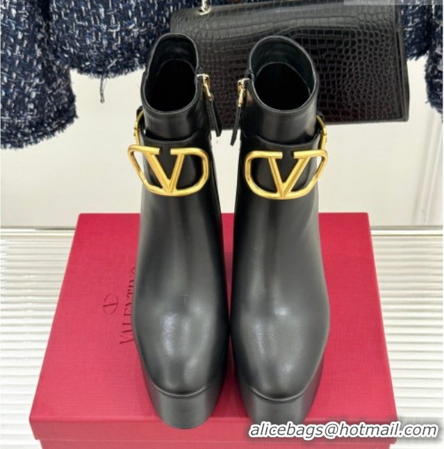 Best Product Valentino VLOGO Signature Platform Ankle Boots 12.5cm in Calfskin Leather Black 0224028
