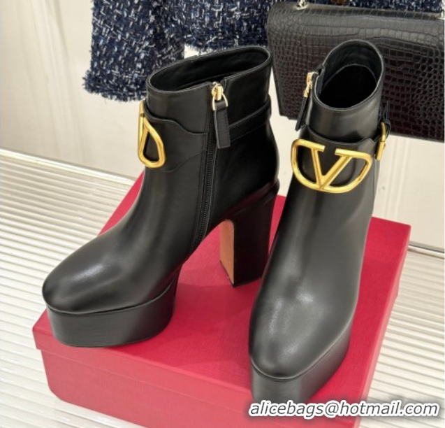 Best Product Valentino VLOGO Signature Platform Ankle Boots 12.5cm in Calfskin Leather Black 0224028