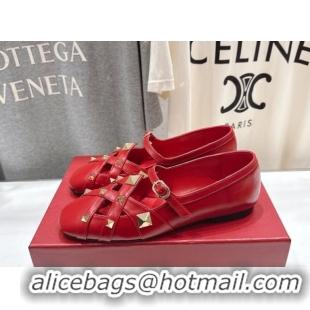 Top Grade Valentino Studdy Ballerinas Flat Mary Janes in Calfskin Leather Red 0224029