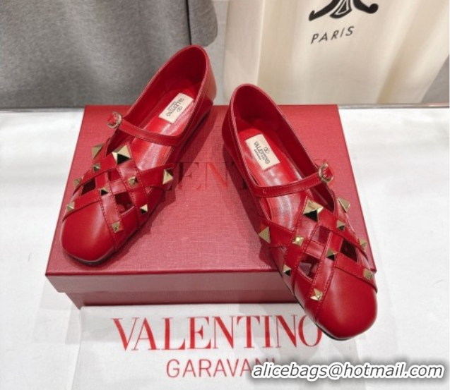 Top Grade Valentino Studdy Ballerinas Flat Mary Janes in Calfskin Leather Red 0224029
