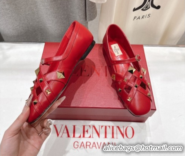 Top Grade Valentino Studdy Ballerinas Flat Mary Janes in Calfskin Leather Red 0224029