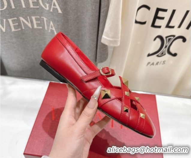 Top Grade Valentino Studdy Ballerinas Flat Mary Janes in Calfskin Leather Red 0224029