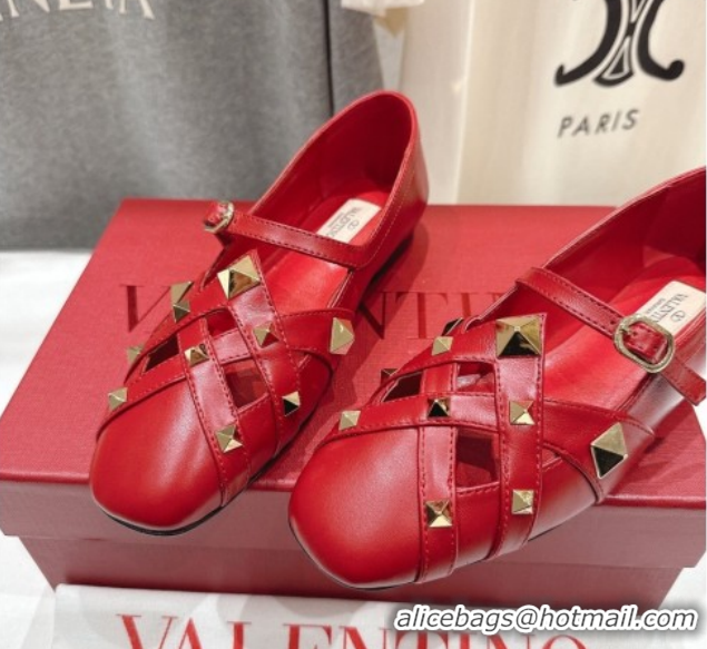 Top Grade Valentino Studdy Ballerinas Flat Mary Janes in Calfskin Leather Red 0224029